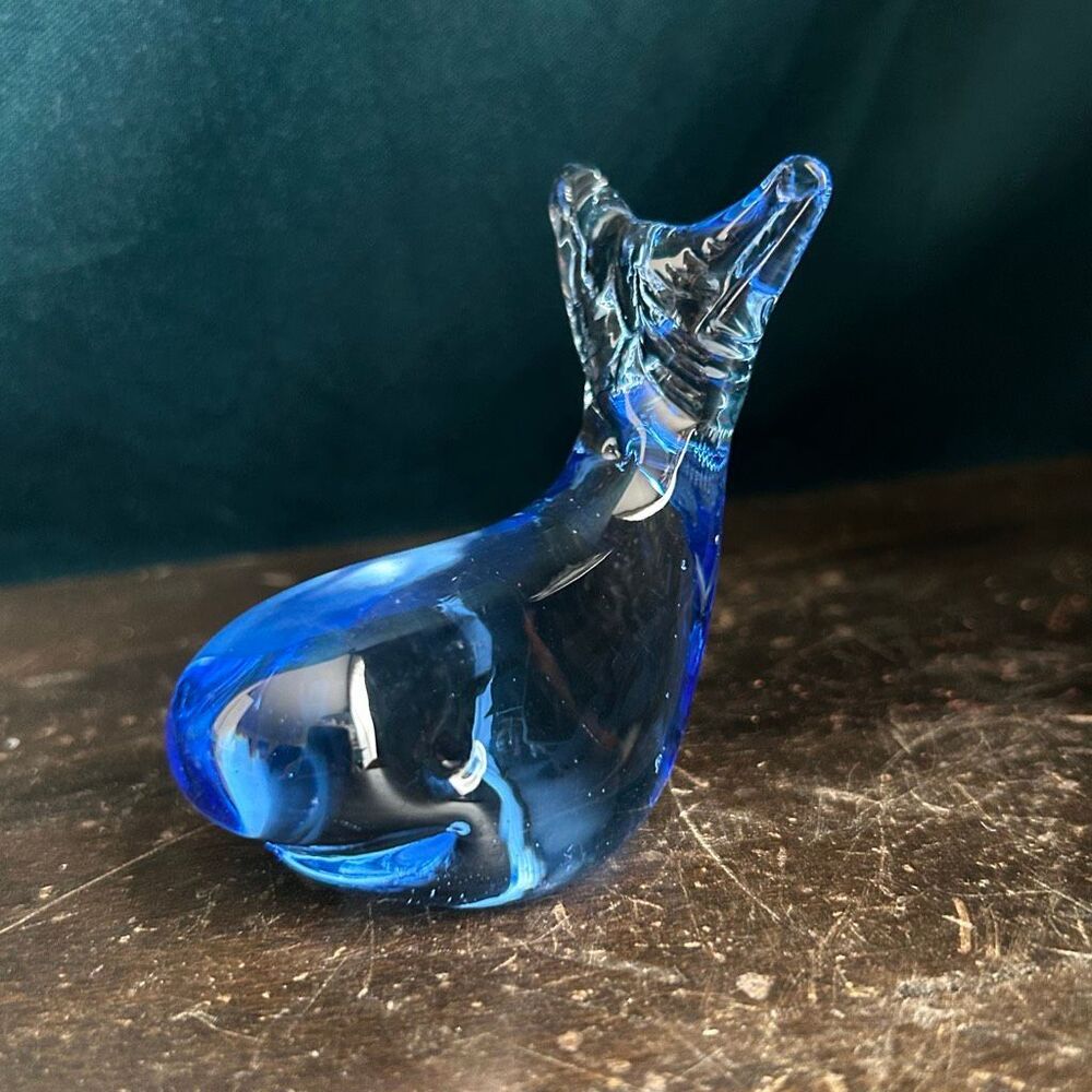 Art Glass Smiling Happy Whale Blue Paperweight